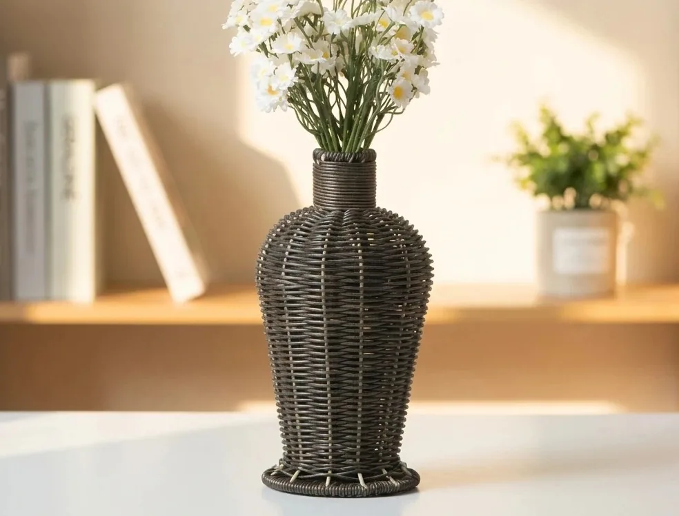 Vase en plastique tressé imitation rotin fait main – Image 3
