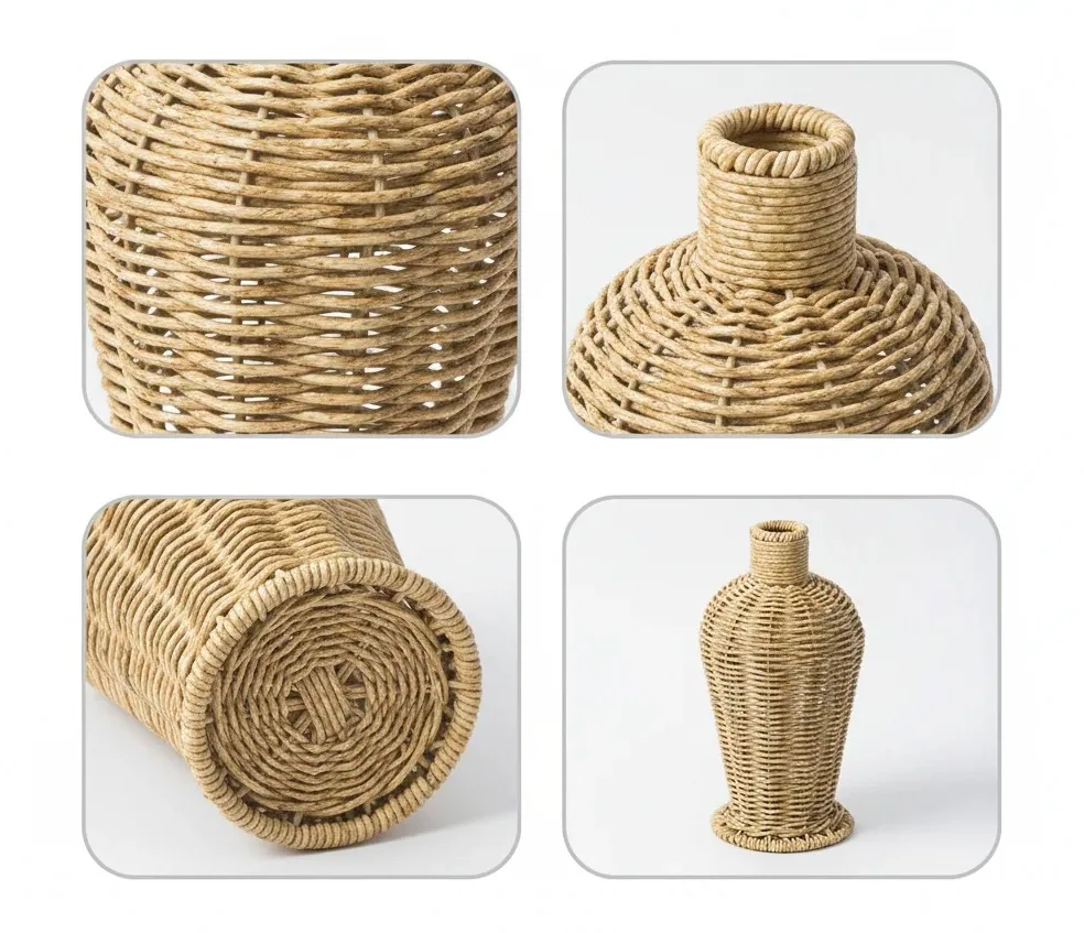 Vase en plastique tressé imitation rotin fait main – Image 4